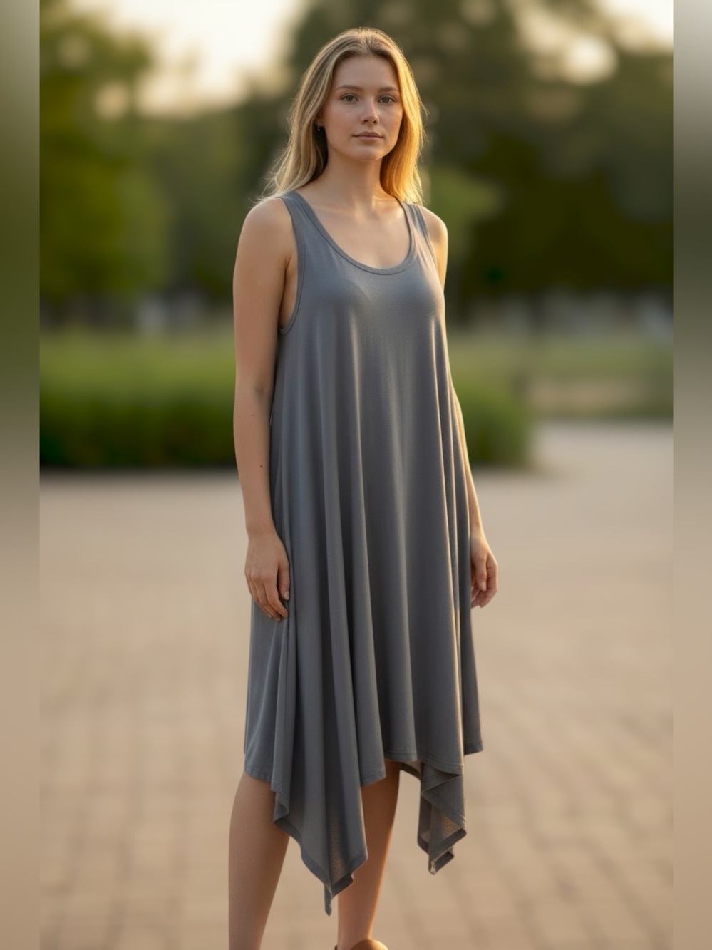 Super Soft Cotton/Modal Sleeveless Handkerchief Hem Midi Dress, L - Picture 2 of 6